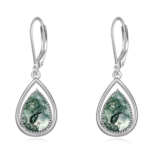 VONALA Moss Agate Earrings 925 Sterling Silver Agate Moss Teardrop Leverback Drop Dangle Earrings Jewelry Gifts