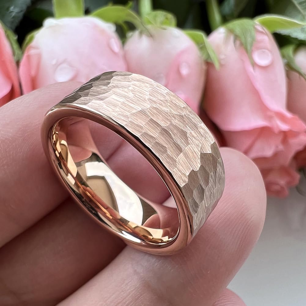 TUTISS 8mm Rose Gold Hammered Tungsten Rings for Men Women Engagement Wedding Bands Pipe Cut Matte Finish Comfort Fit Size 10