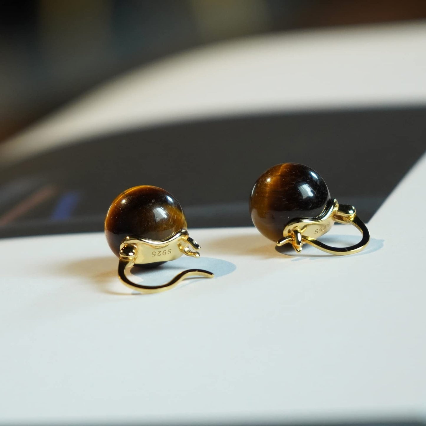 OwMell Elegant 925 Sterling Silver Pearl Drop Earrings Dangle Stud Gold Plated Earrings for Women Large Size 12mm - Tiger's Eye