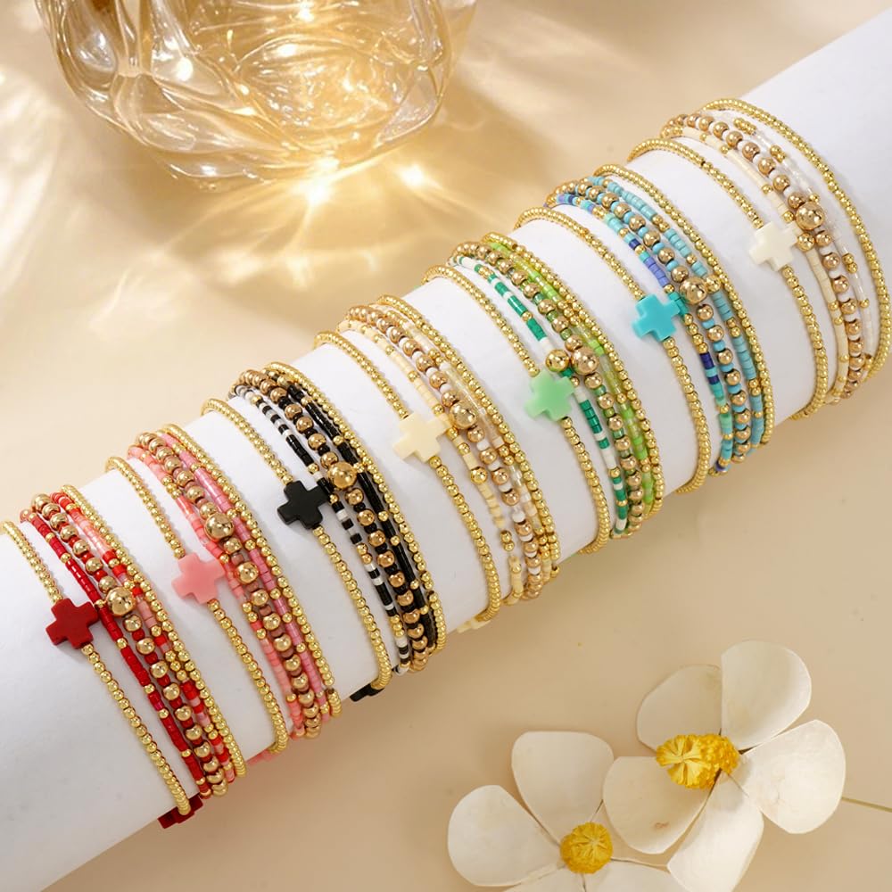 Bohxantium Gold Beaded Cross Bracelets for Women Dainty 14K Gold Plated Beads Ball Yellow Stretch Stackable Non Tarnish Bracelet Stack Boho Christian Jewelry Accessories Birthday Prom Friendship Gift