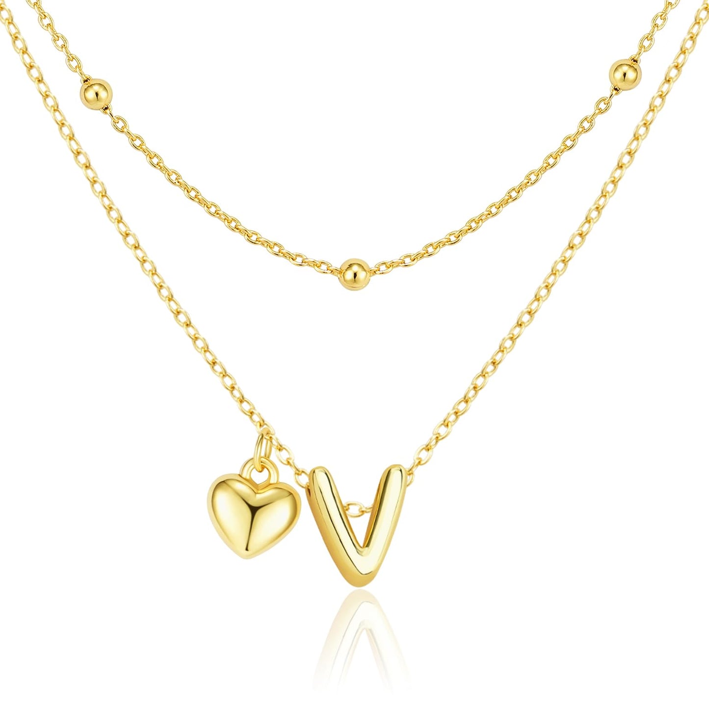 adoyi Gold Heart Initial Necklaces for Women Hers Dainty 14K Gold Plated Heart Initial Necklaces Layered Letter V Pendant Necklace Stack Birthday Valentines Gifts for Women Jewelry