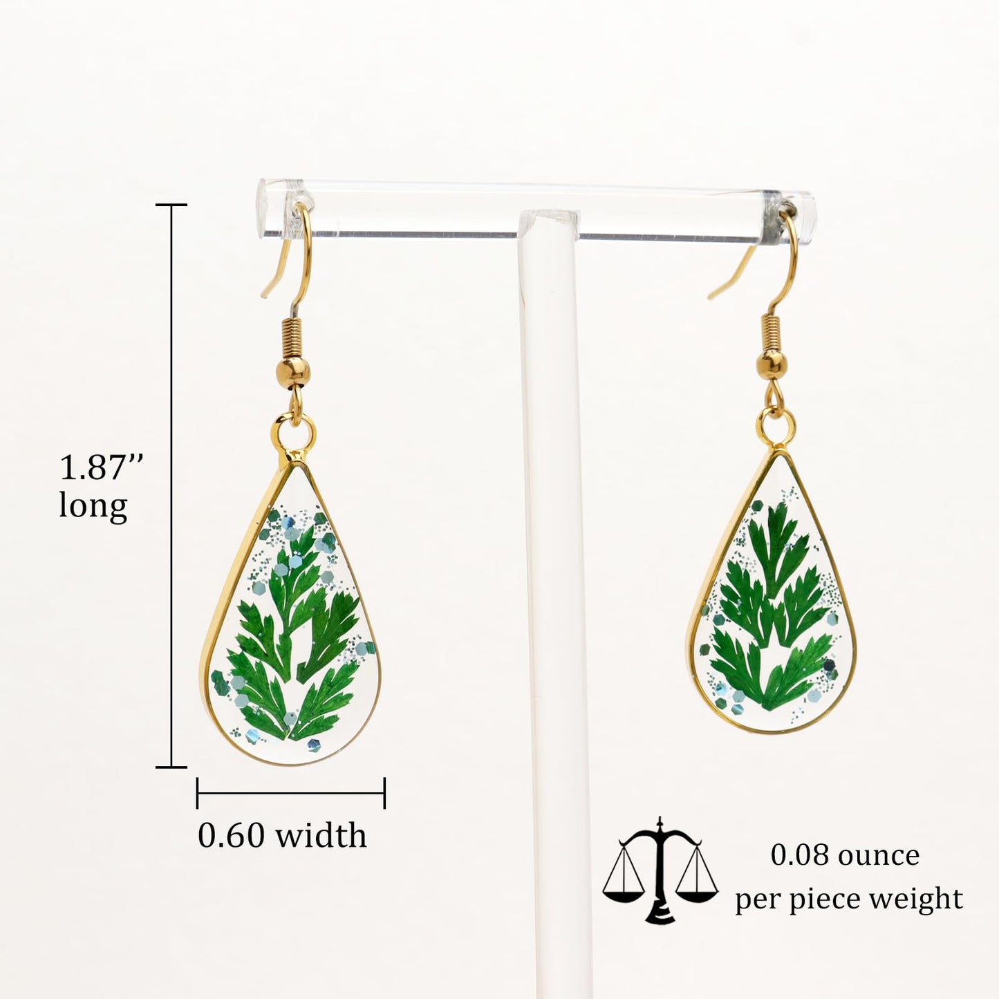 Jean Beau Handmade Pressed Leaf Earrings for Women, Unique Resin Green Dried Leaves Gold Plated Teardrop Dangle Drop Nature Floral Earings Fashion Summer Jewelry Gift