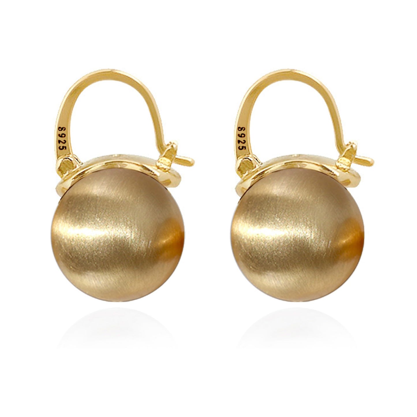 OwMell Elegant 925 Sterling Gold Pearl Drop Earrings Dangle Stud Gold Plated Earrings for Women Large Size 12mm - Brushed Gold