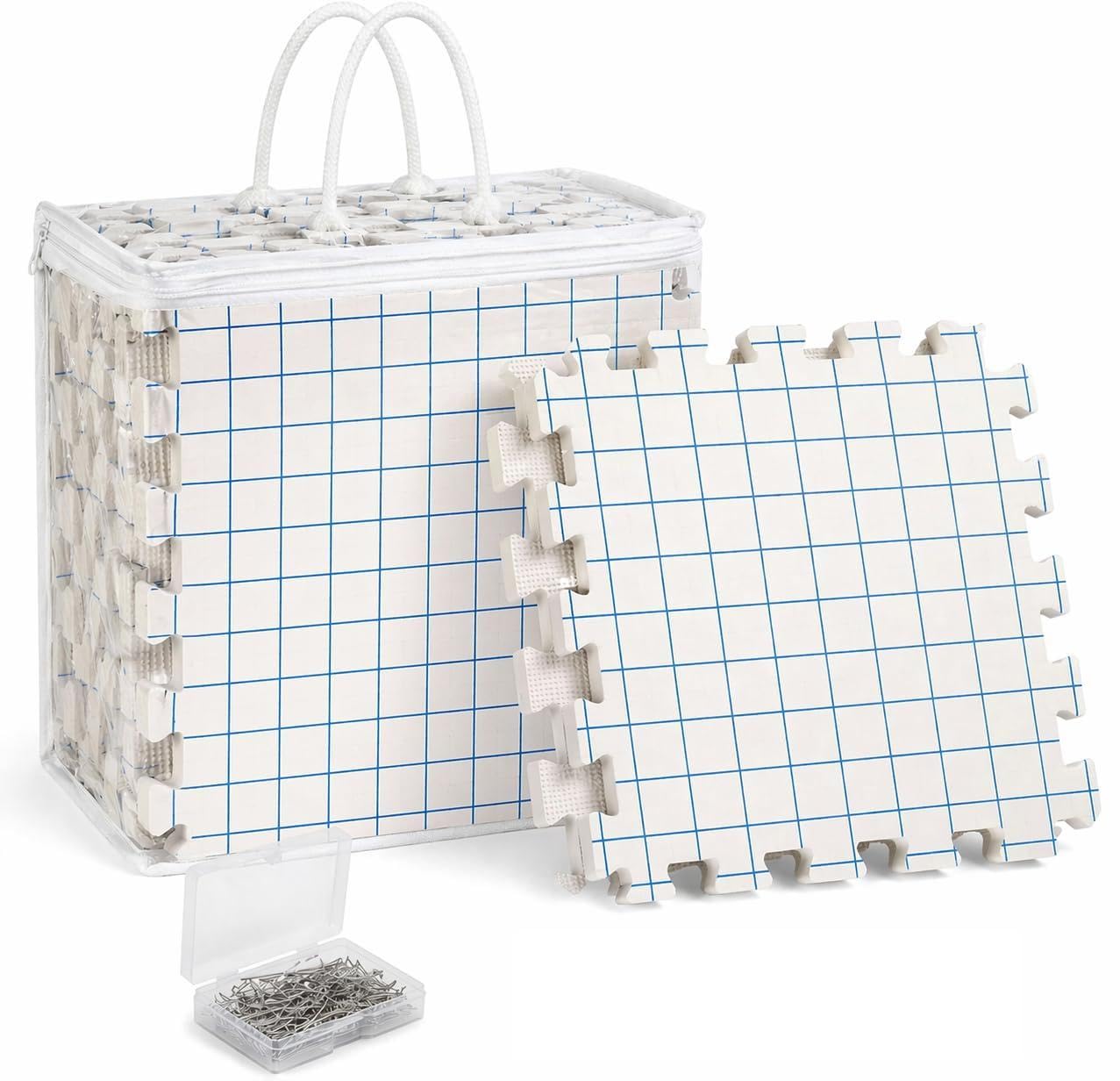 IRSTBL Knitting Blocking Mats Set – 9 Interlocking Foam Mats with Gridlines, 100 T Pins, 20 Locking Stitch Markers and Storage Bag – Crochet Blocking Boards Kit