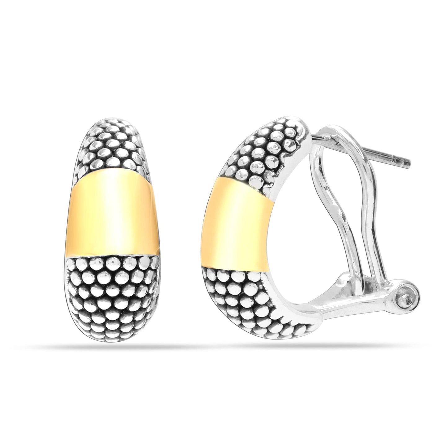 LeCalla 925 Sterling Silver Omega Back Earrings Jewelry Two-Tone Antique 14K Gold-Plated Bar Caviar Omega Back Large Stud Earrings for Women 17 MM