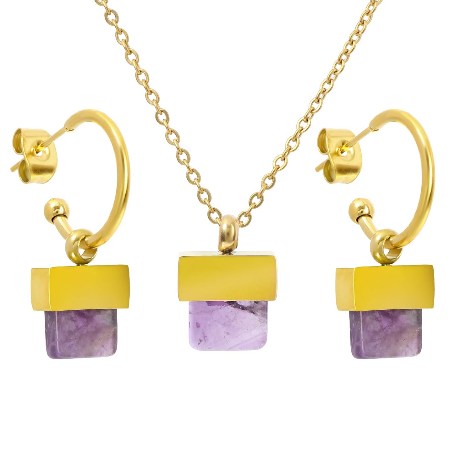 TaYolnFaSo Natural Amethyst Necklace and Earrings Set for Women 18K Gold Plated Amethyst Jewelry Set Square Gemstone Jewelry Gift