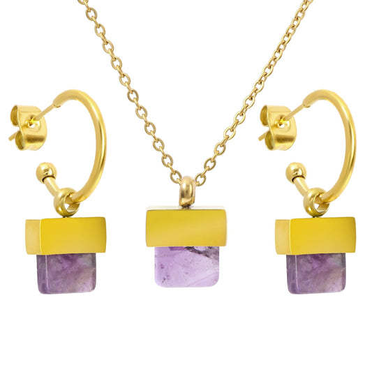 TaYolnFaSo Natural Amethyst Necklace and Earrings Set for Women 18K Gold Plated Amethyst Jewelry Set Square Gemstone Jewelry Gift
