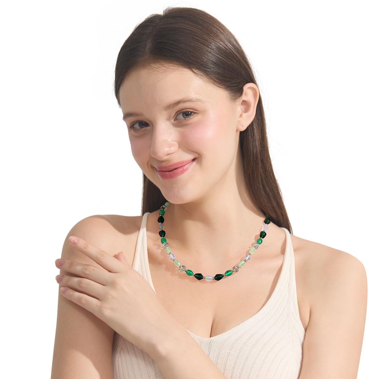Gmissbabicoo Healing Crystal Necklace for Women Spiritual zircon Beads Handmade Cat Eye Gemstone with 18k Golden Plated Green Crystals Stones Beaded Necklaces with Jewelry Box