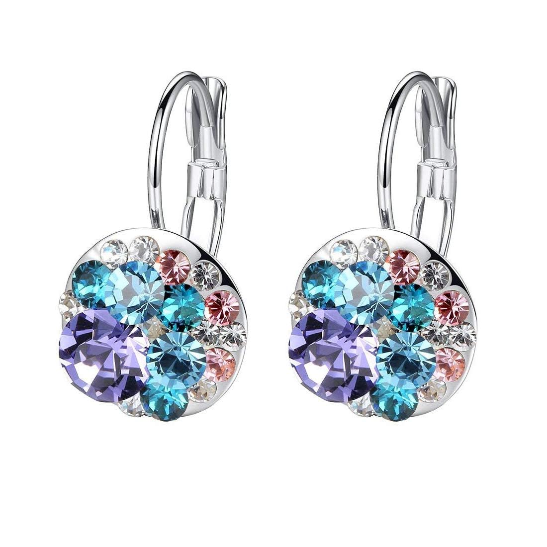 Multicolored Austrian Crystal Drop Earrings for Women 14K Gold Plated Hypoallergenic Leverback Dangle Earrings (Purple Main Crystal/Silver-tone)