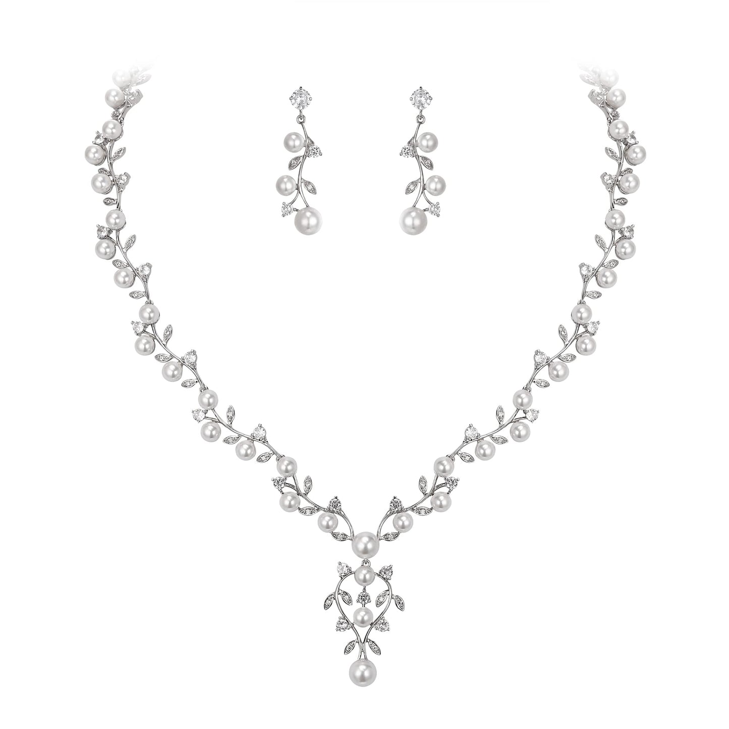 EVER FAITH Bridal Jewelry Sets for Women, White Cubic Zirconia Simulated Pearl Leaf Vine Wedding Necklace Dangle Earrings for Bride Bridesmaid Clear Silver-Plated-Brass
