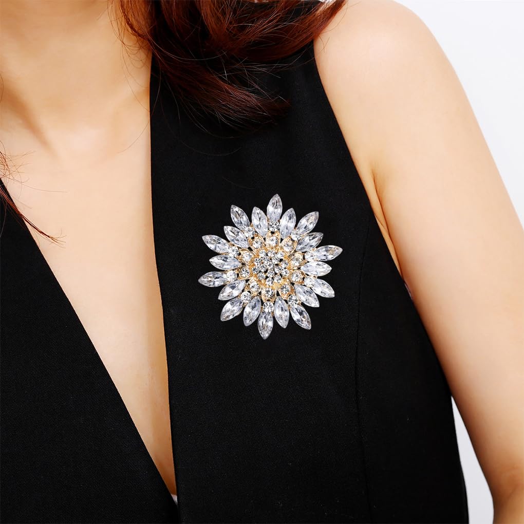 Rhinestone Large Flower Brooches Pins for Women Fashion Sparkly Crystal Sunflower Statement Brooch Wedding Party Suit Dress Formal Jewelry Accessories(White)