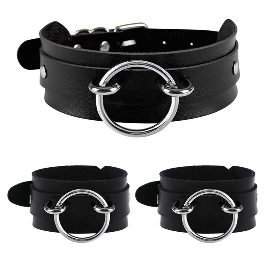 Tosmifairy Black Wide Soft Faux Leather Collar Choker Adjustable Thick PU Necklace and Bracelets Set for Women Men,Circle Ring Charm (Adjusted Neck: 17-21 Inches)