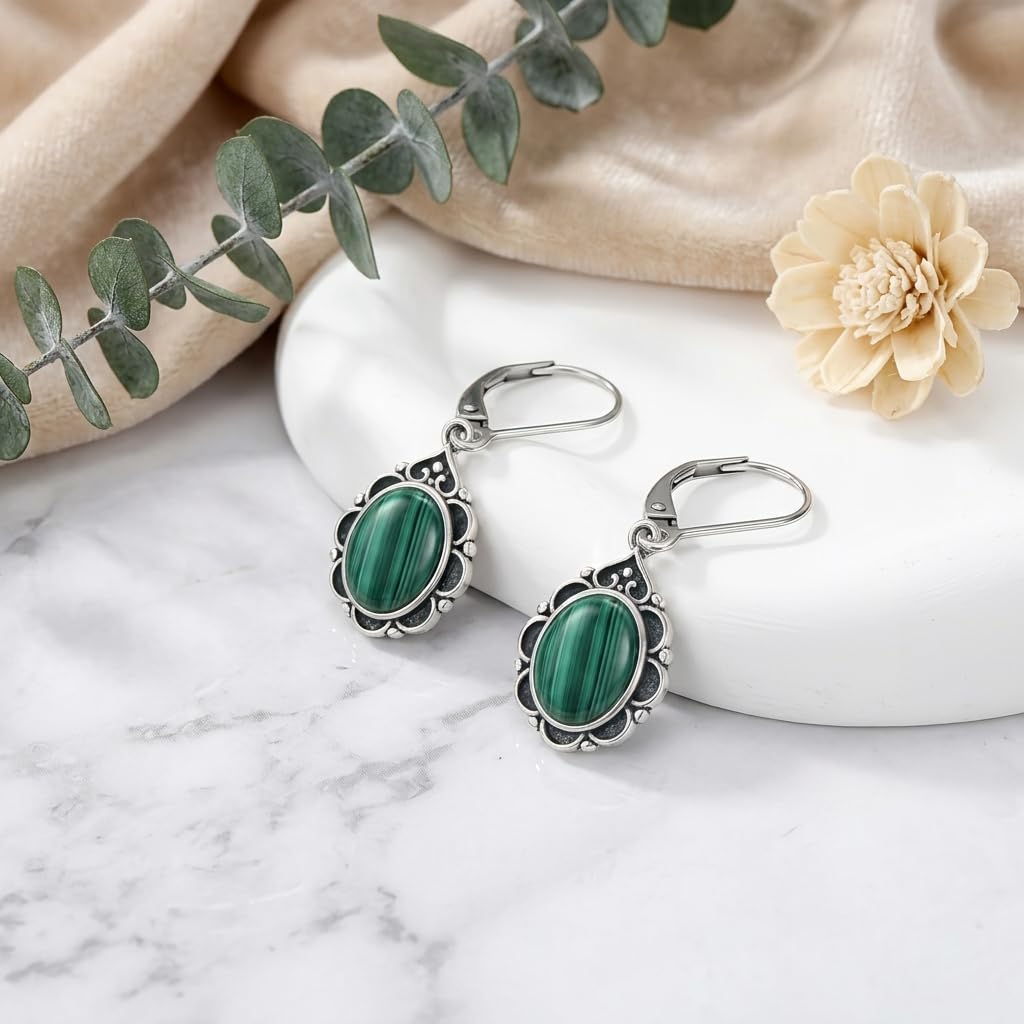 Malachite Drop Earrings for Women 925 Sterling Silver Vintage Oval 9x7mm Filigree Leverback Dangle Earrings, Gothic Victorian Antique Jewelry Gifts