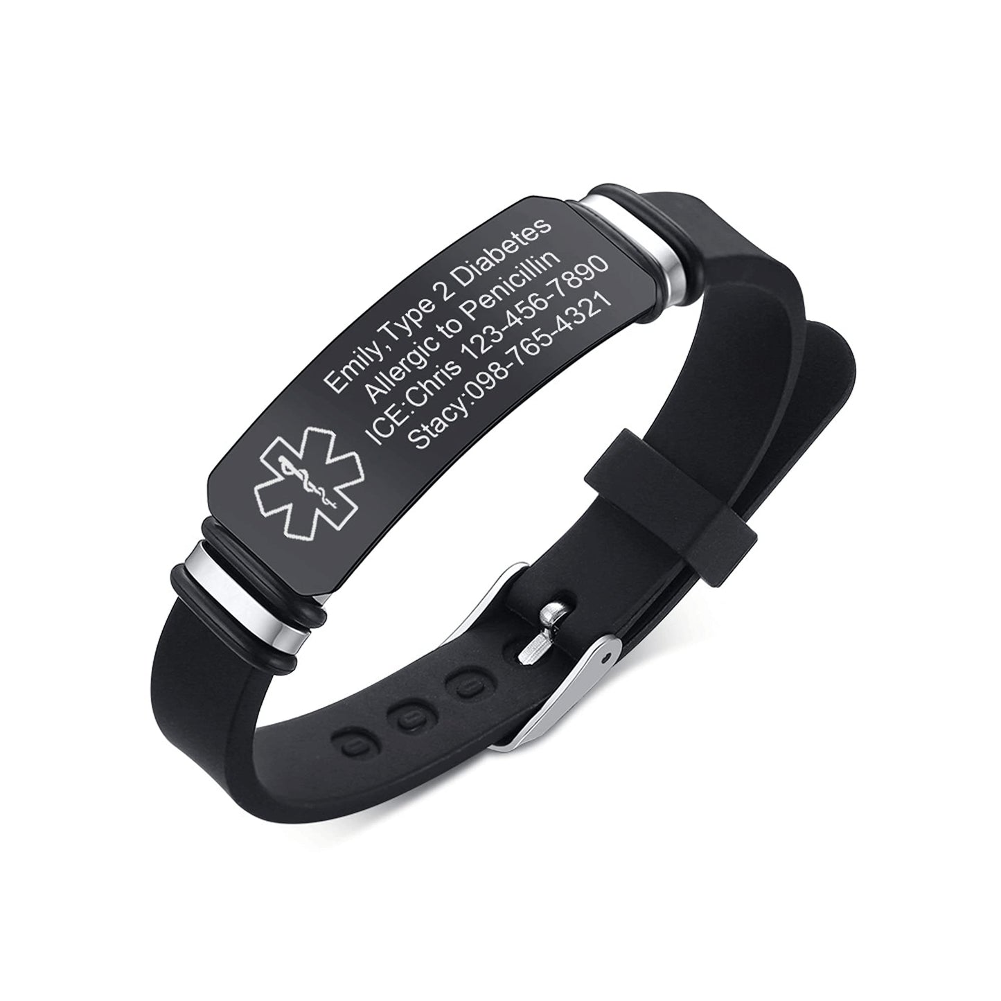 VNOX Black Medical Alert Bracelets for Men & Women with Adjustable Sport Silicone Medical ID Bracelets Wristband