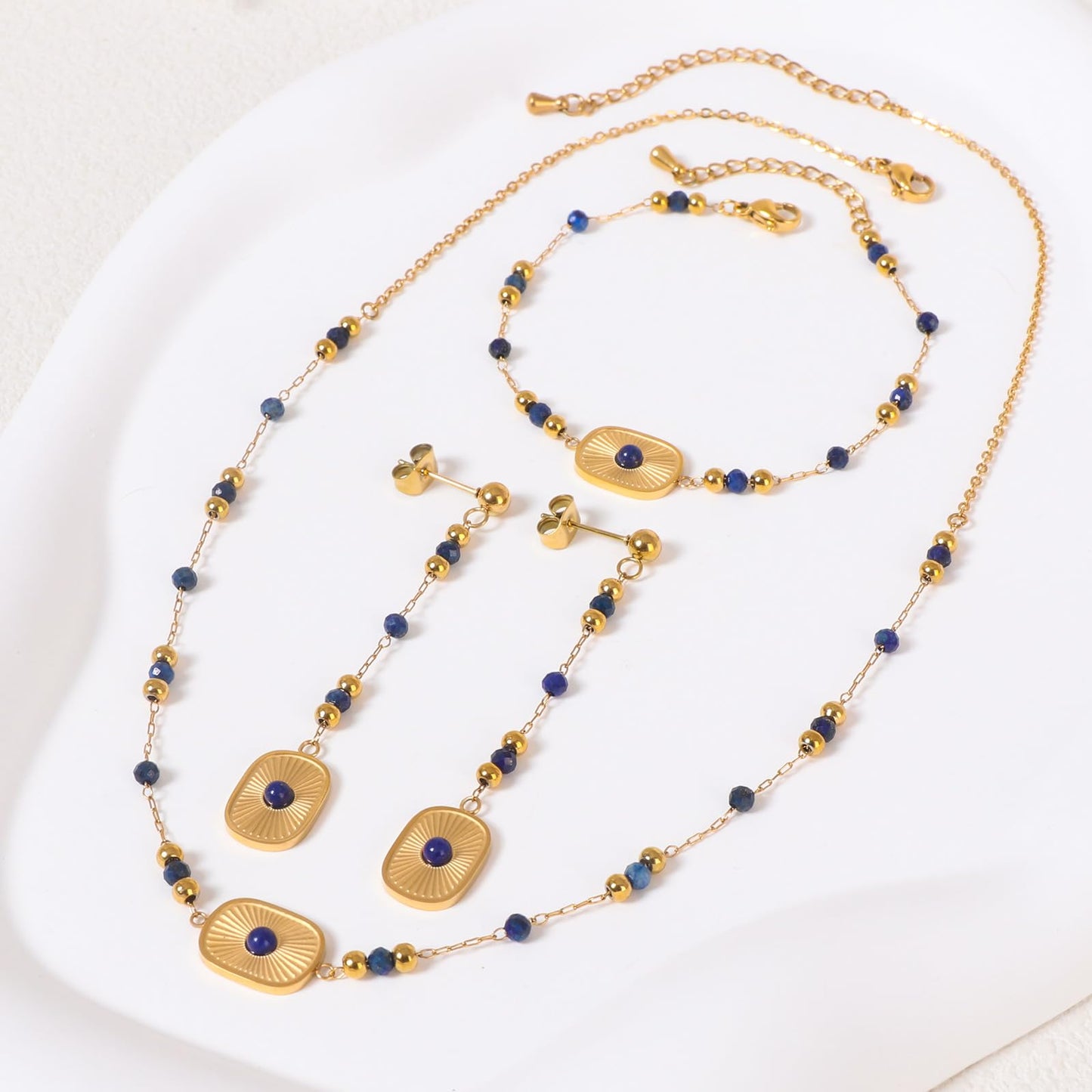 TaYolnFaSo Natural Lapis Lazuli Jewelry Set for Women 18K Gold Plated Sun Disk Lapis Lazuli Necklace Earrings Bracelet Set Gift for Mother