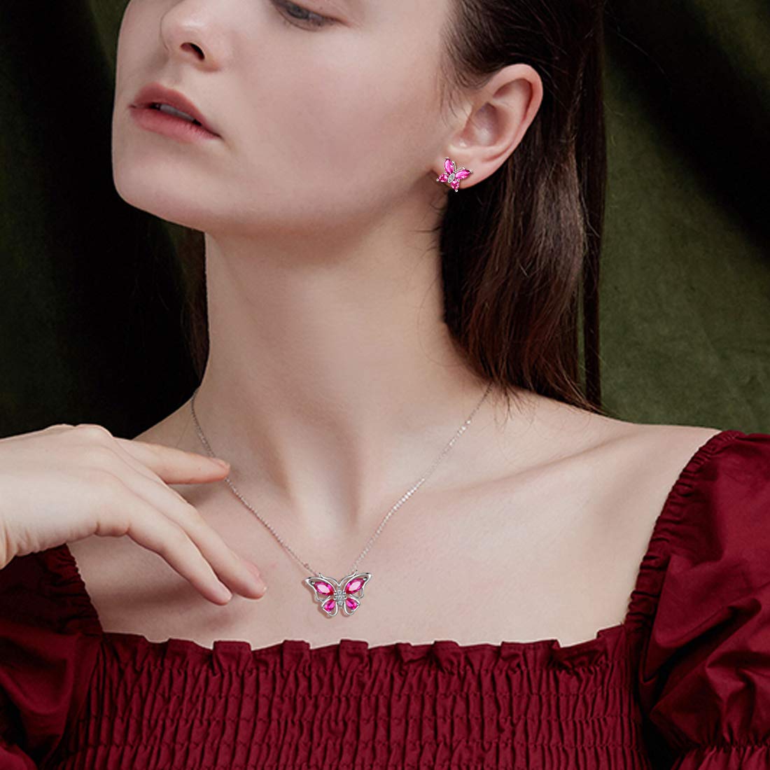 Hipunk Butterfly Red Jewelry Sets Birthstone Women 925 Sterling Silver July-Ruby Birth Stone Animal Butterflies Jewelry Sets/Earring Set Crystal Birthday Jewelry SS0001R