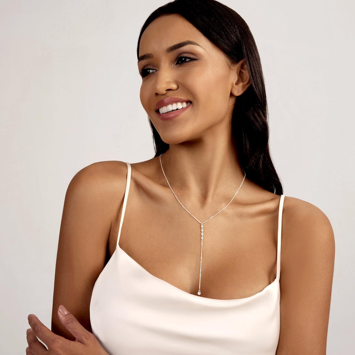 Zeffy Long Silver Necklace for Women - Dainty Silver Teardrop Drop Lariat Necklace Trendy Simple CZ Y-Shaped Body Chain Wedding Prom Dangle Statement Necklace Jewelry Gifts