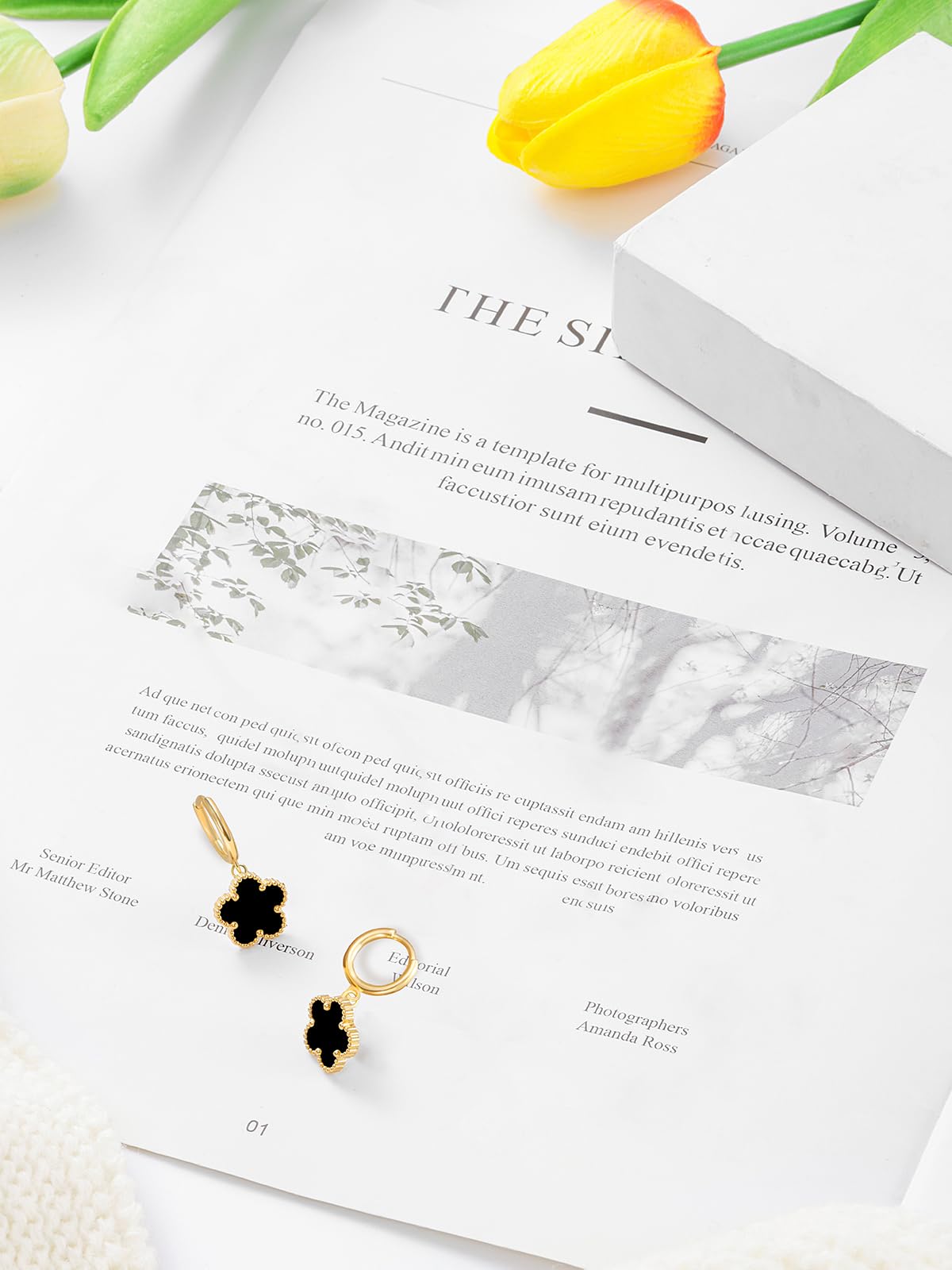 Gold Plated Five Leaf Clover Dangle Earrings for Women Lucky Flower Jewelry (Black-14K Gold Plated)