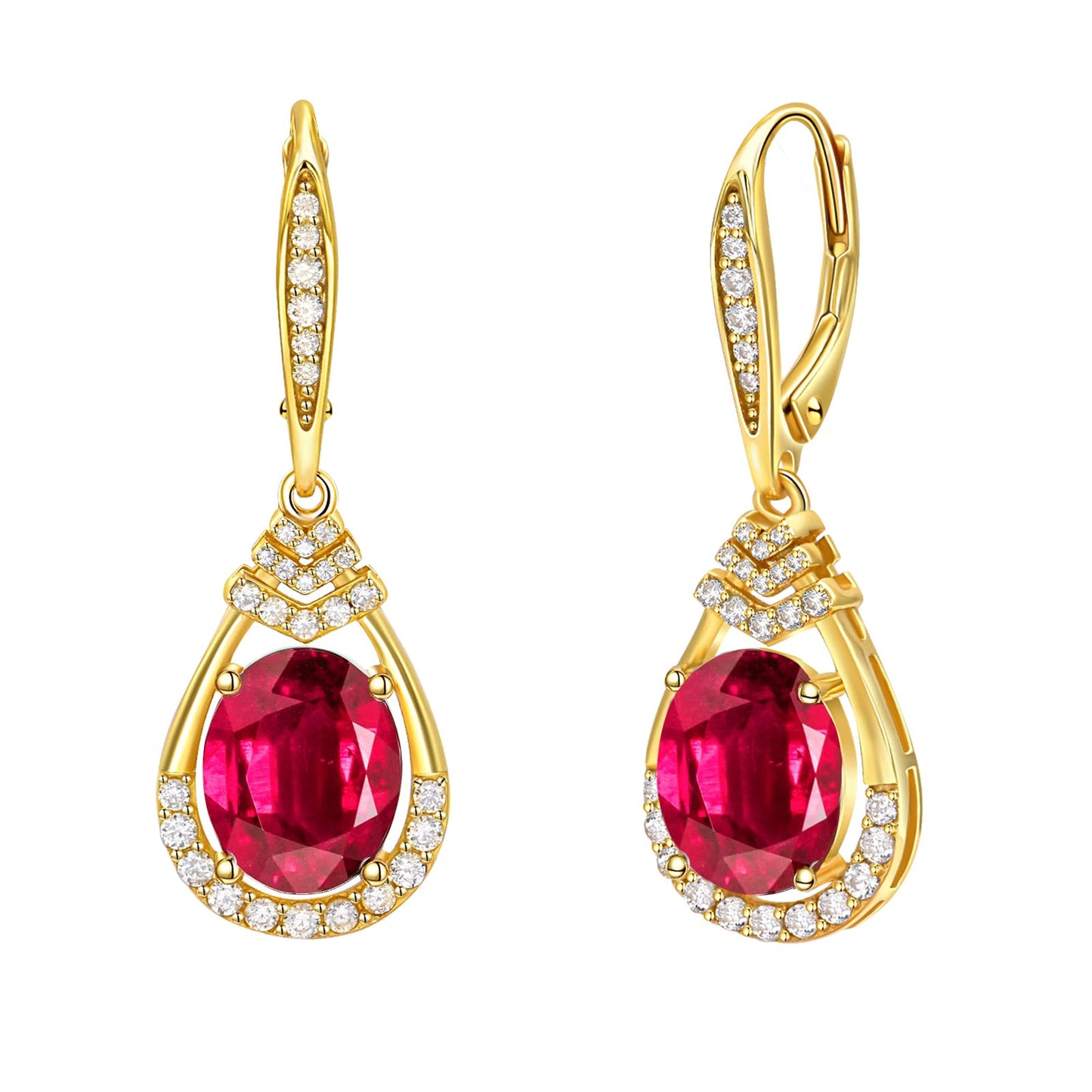 Gold Plated Red Ruby Dangle Earrings for Women Sterling Silver Teardrop Earrings July Birthstone Birthday Gifts Leverback Drop Earring for Mother' Day Lady Sparkling Jewelry Gifts for Party Christmas