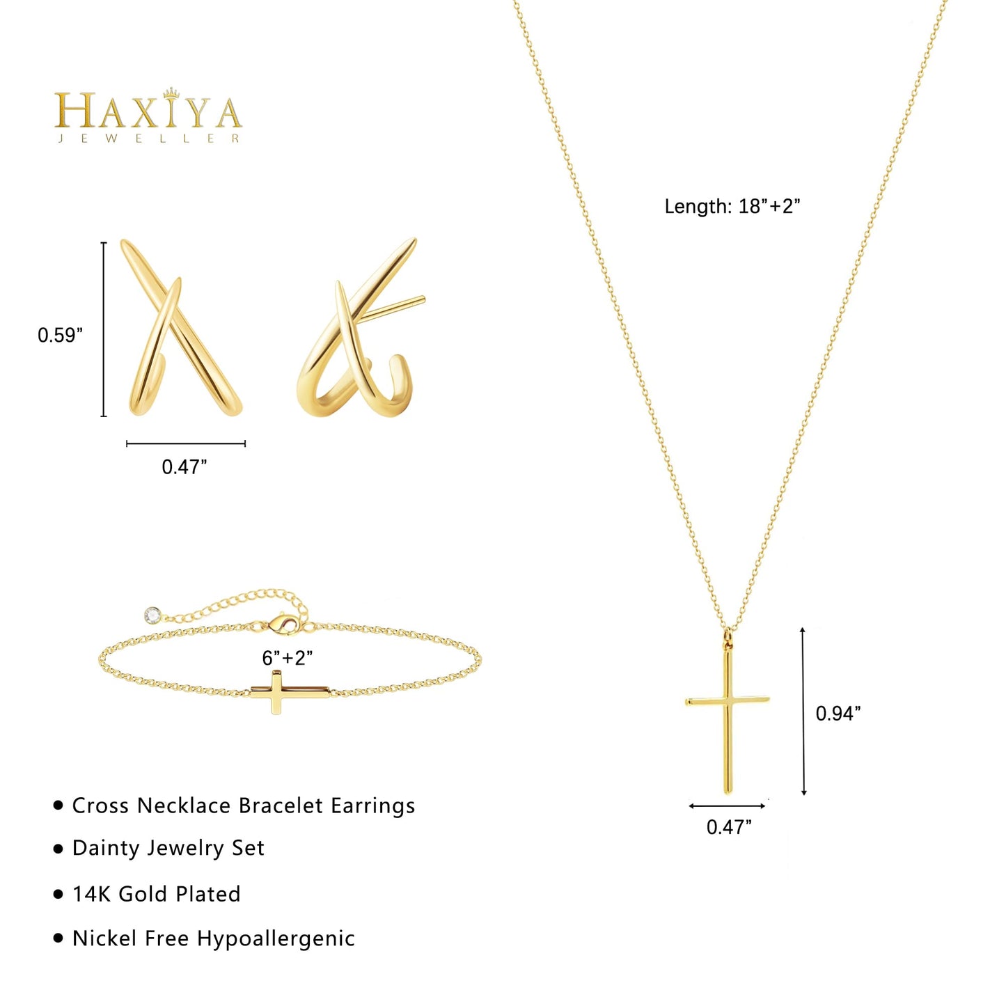 HAXIYA Gold Cross Necklace Set for Women Cross Bracelet Dainty Simple Minimalist Gold Stud Earrings Jewelry Sets Pack of 3 Party Prom Gift