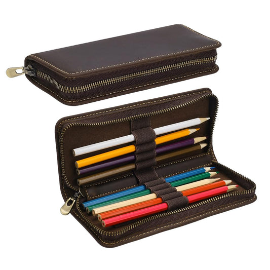 NBEADS 2 Pcs Leather Pencil Case Organizer, Rectangle Zippered Pen Pouch 10 Divided Slots Portable Vintage Leather Pen Case for Fountain Pens Markers Art Supplies, 7.80x3.21x1.40 Inch, Coconut Brown