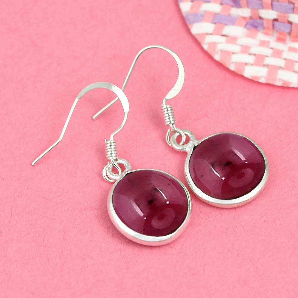 Natural Garnet 925 Silver Plated Dangle Earrings for Women - Round Shape Red Color Gemstone January Birthstone Handmade Jewelry Earrings - Anniversary Wedding Gift for Her