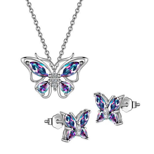 Hipunk Butterfly Mystic-Rainbow-Topaz Jewelry Sets Birthstone Women 925 Sterling Silver Fire-Topaz Birth Stone Animal Butterflies Jewelry Sets/Earring Set Crystal Birthday Jewelry SS0001C