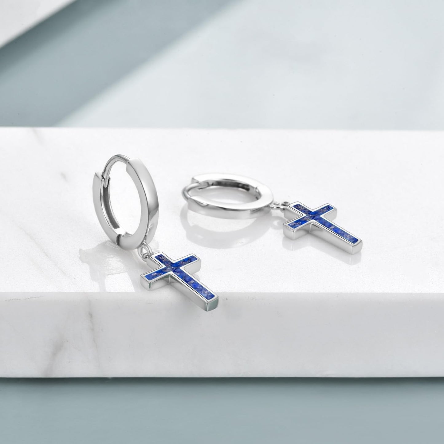 925 Sterling Silver Cross Hoop Earrings Dangle Drop Earrings Huggie Jewelry Birthday Gifts for Women (Lapis Lazuli Cross)