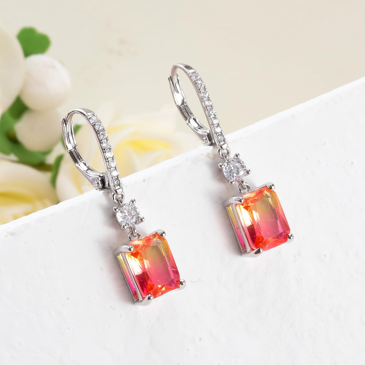 CiNily Leverback Earrings for Women Dangle Drop Earrings Hypoallergenic, 14K White Gold Plated Red and Yellow Cubic Zircon Earrings Maple Leaf Color Diamond Fall Jewelry for Thanksgivings