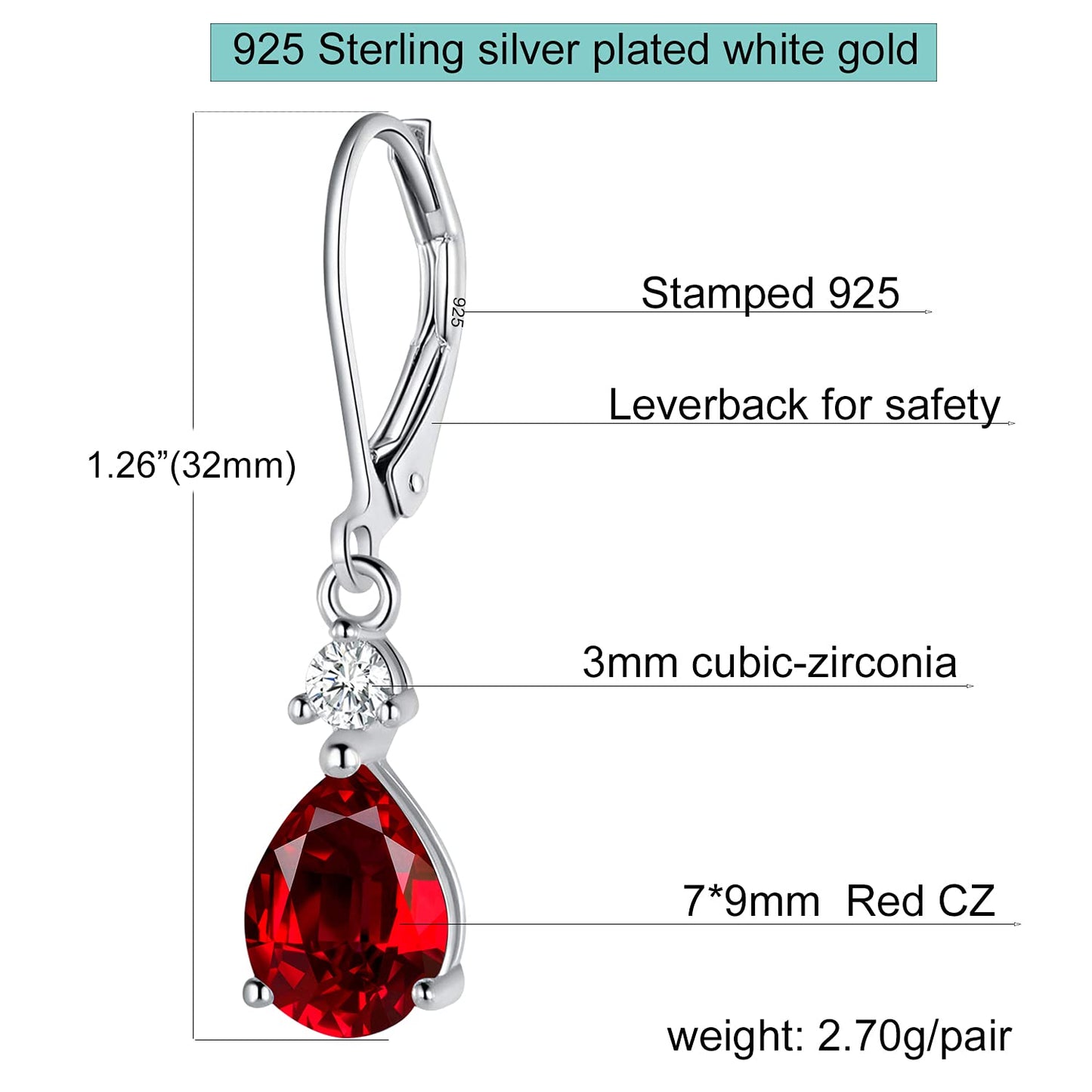 925 Sterling Silver Red CZ Teardrop Earrings Drop Dangly Earring Leverback Hypoallergenic Jewelry for Women wife