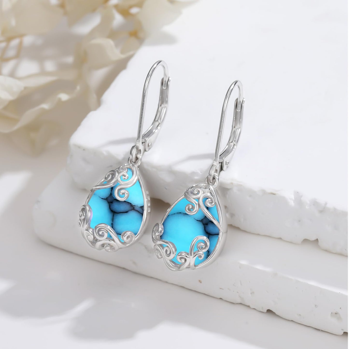 KoyeKei Turquoise Filigree Leverback Earrings for Women 925 Sterling Silver Turquoise Teardrop Dangle Drop Earrings Filigree Jewelry Anniversary Graduation Gifts for Wife Her Girlfriend