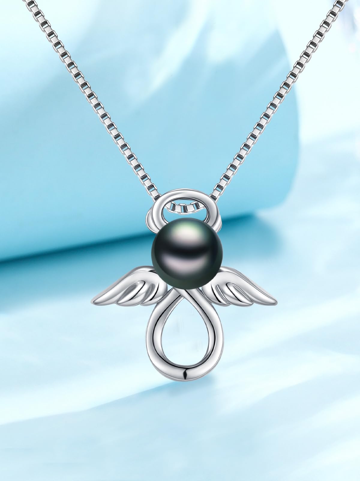 KANNSOAR Tahitian Black Pearl Necklace for Women 18K White Gold Plated Sterling Silver Angel Pendant Necklace Black Pearl Jewelry Gifts for Wedding Graduation Birthday Anniversary
