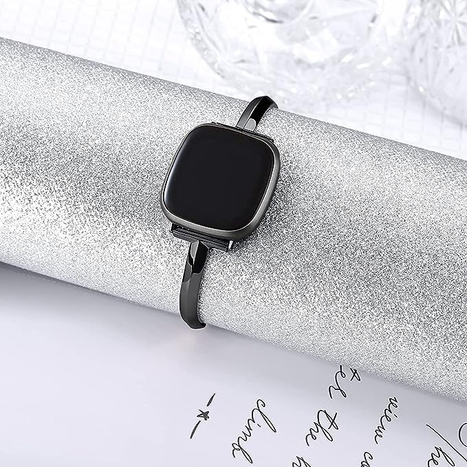 Silm Band Compatible with Fitbit Versa 4/Fitbit Sense 2 Band Cute Women, Bling Jewelry Metal Strap Replacement Compatible for Fitbit Sense/Versa 3 Women (Black)