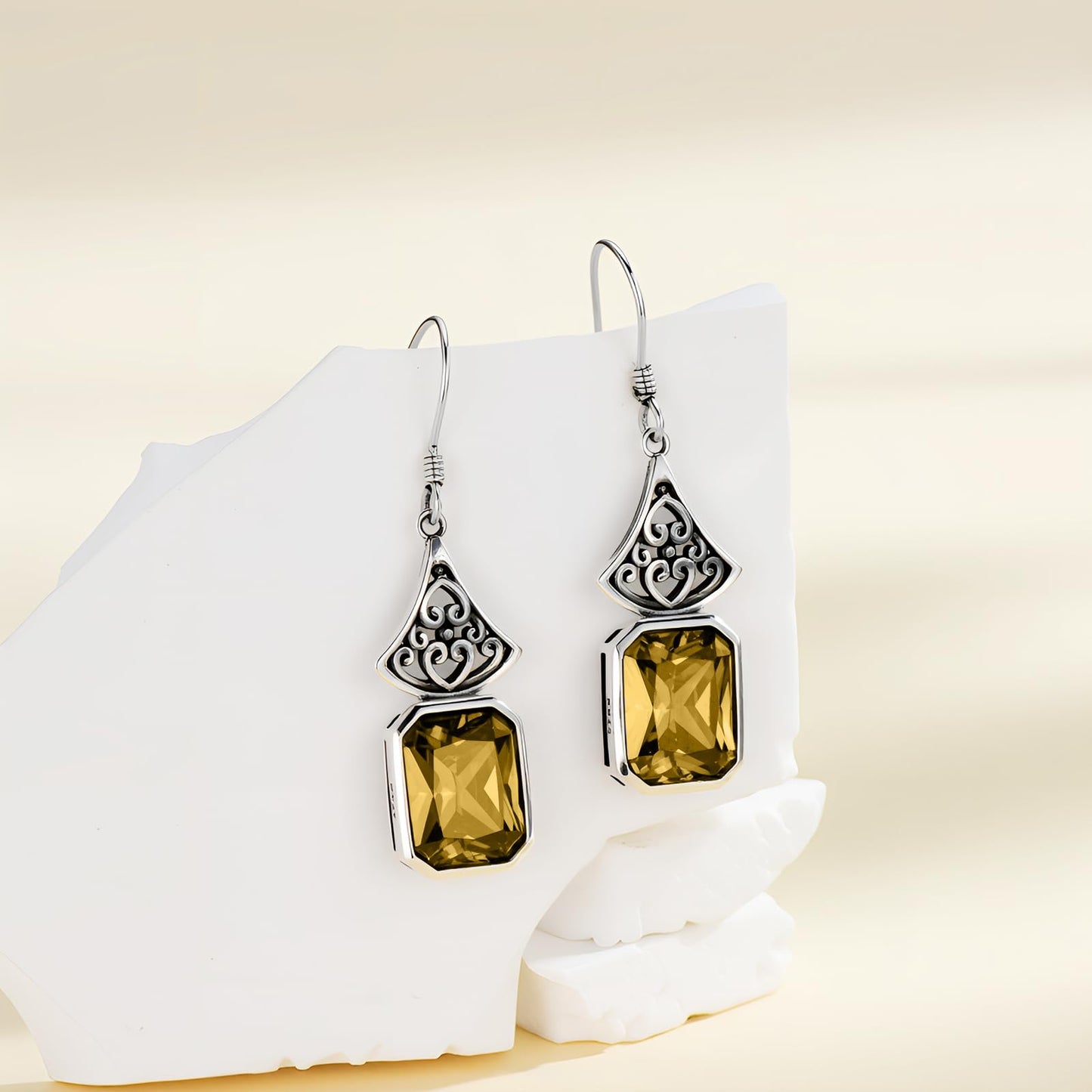 Vintage Earrings 925 Sterling Silver Oxidized Dangle Drop Earrings with Emerald Cut Yellow Crystal November Birthstone Anniversary Jewelry Gifts for Women
