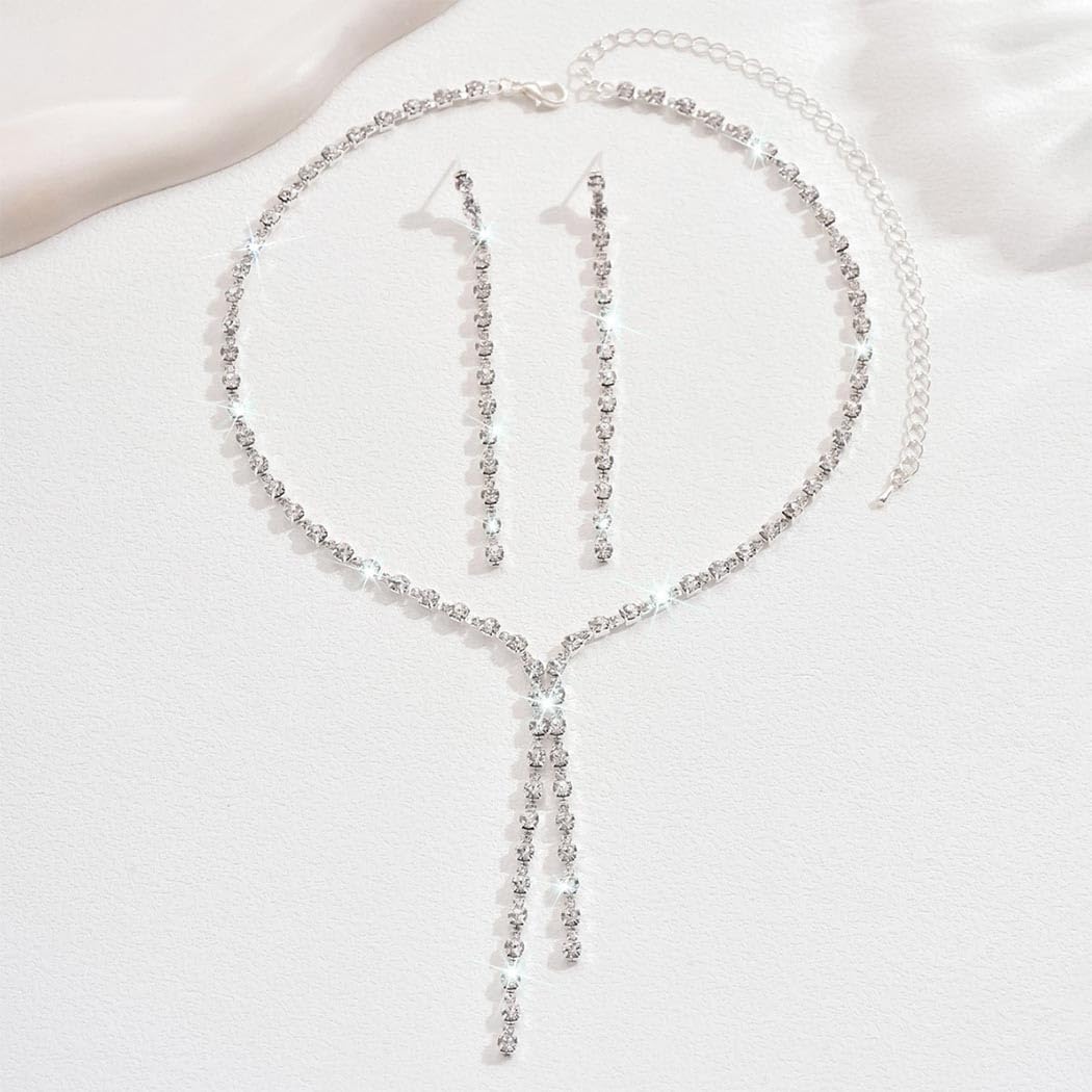 Unicra Silver Prom Jewelry Sets Rhinestone Necklace and Earring Set Bridal Wedding Jewelry for Women and Brides