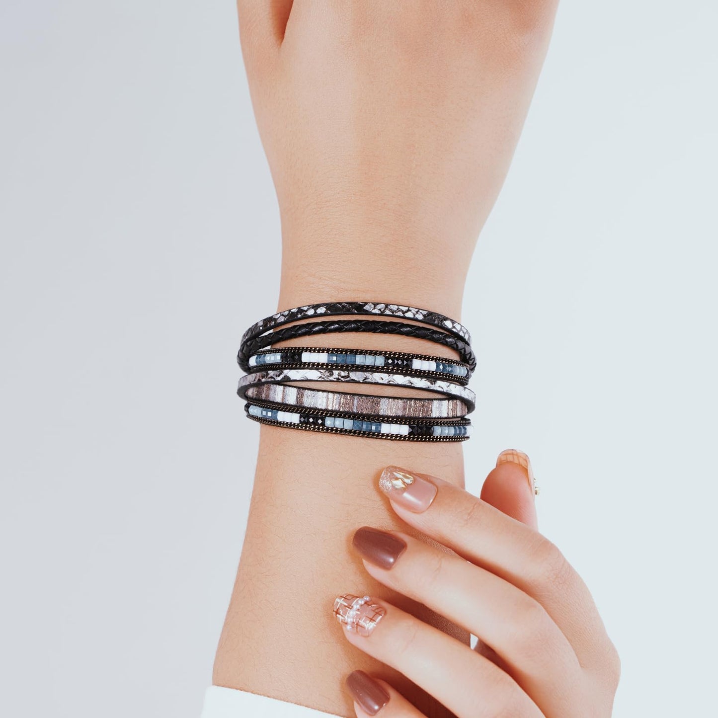 Becklynn Boho Leather Wrap Bracelets Beaded Crystal Stackable Cuff Bracelet with Magnetic Clasp Cowboy Cowgirl County Concert Outfits Western Jewelry Gifts for Women(Double Layer Black)
