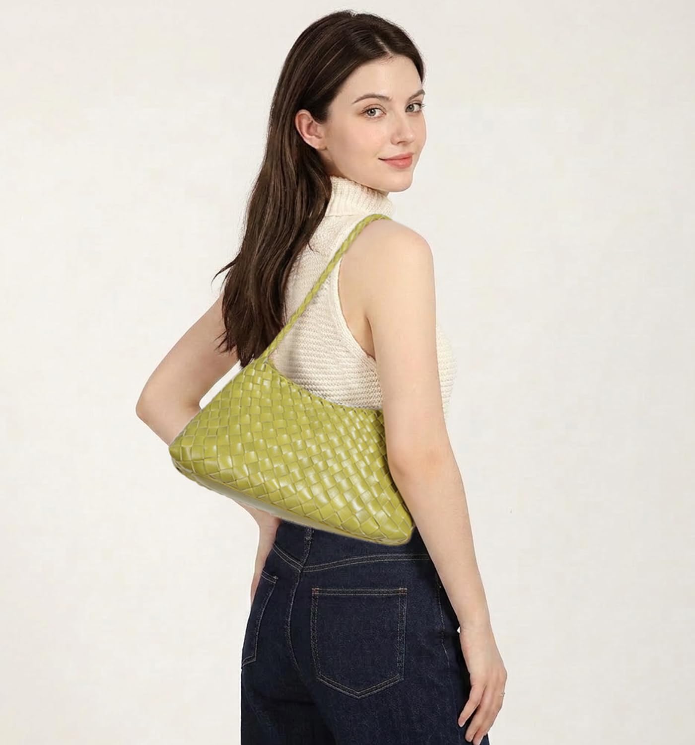 BELLPO Women's Woven Hobo Bag – Vegan Leather Shoulder Tote Purse, Trendy Bucket Handbag Underarm Slouchy Clutch for Travel & Vintage Style (Yellow)