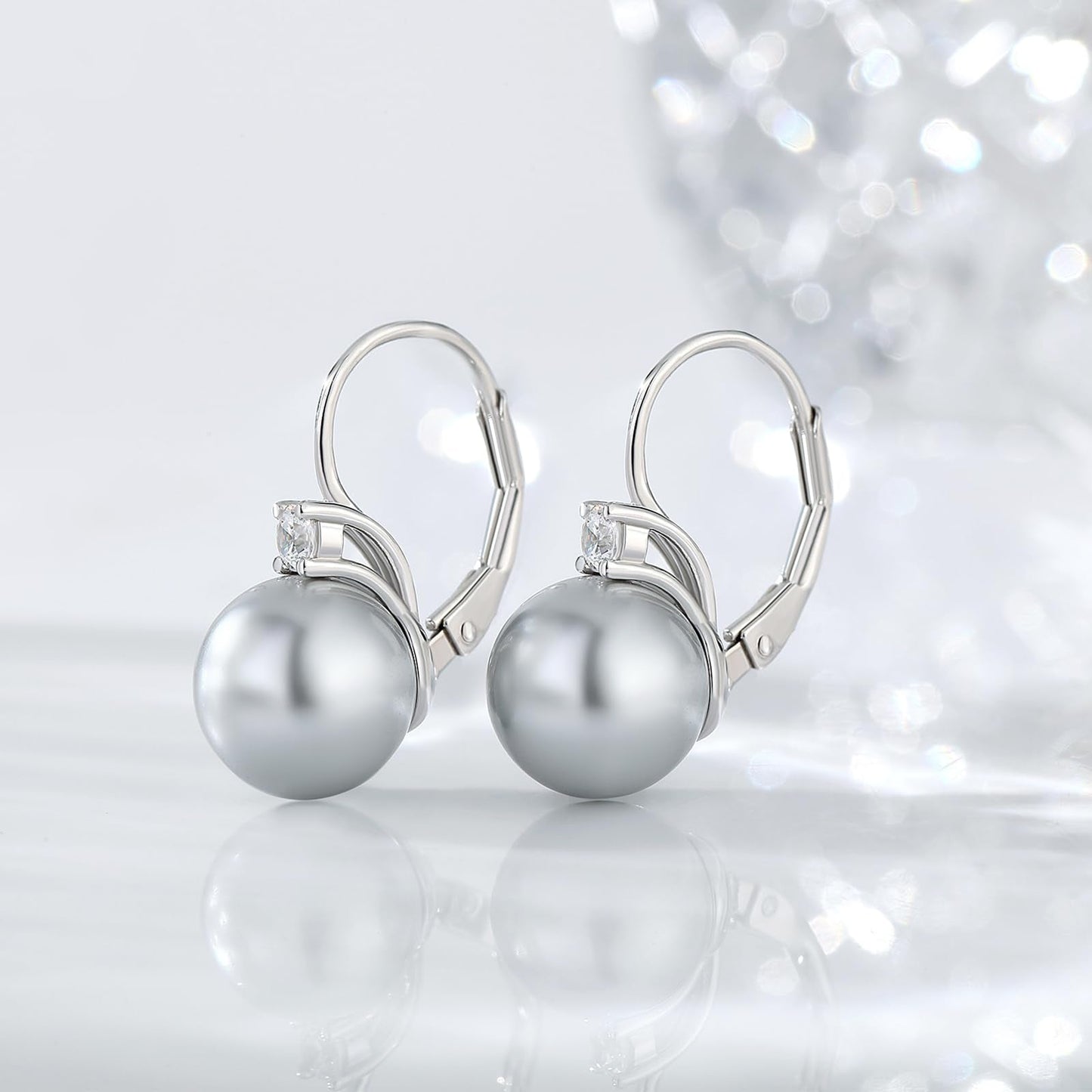 Jiahanzb Pearl Dangle Drop Earring for Women Cubic Zirconia CZ Pearl Leverback Earring Sterling Silver Gray Dangling Earrings 10mm Jewelry