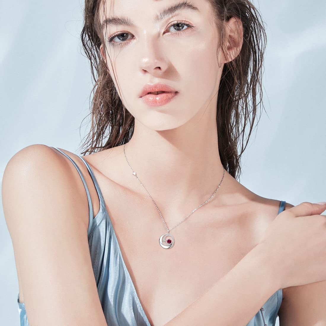 FANCIME Garnet January Birthstone Necklace for Women 925 Sterling Silver Moon Star Pendant Necklaces Red Gemstone Fine Jewelry Birthday Mothers Day Gifts for Women Mom Daughter