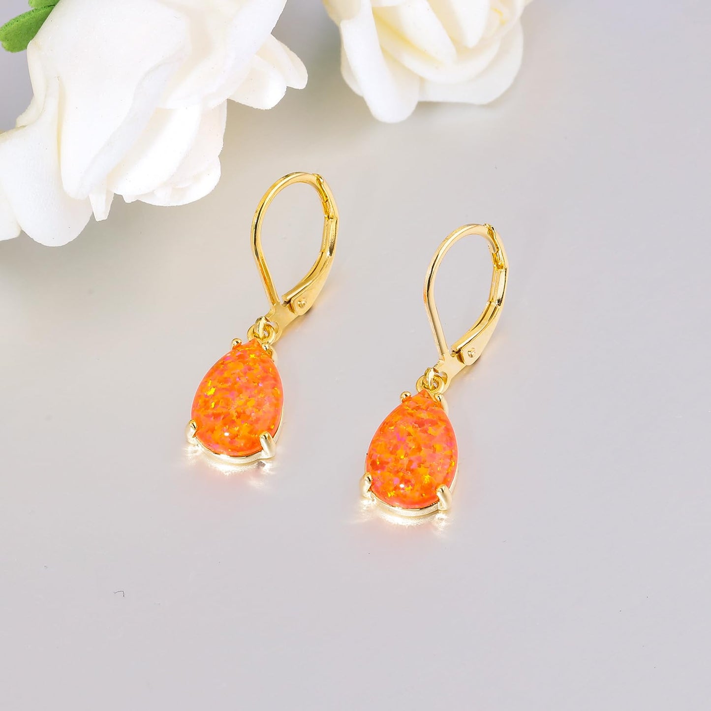 CiNily Teardrop Leverback Dangle Earrings for Women Hypoallergenic Orange Opal Pendant Drop Earrings 14K Gold Plated Hanging Lever Earrings Jewelry for Sensitive Ears