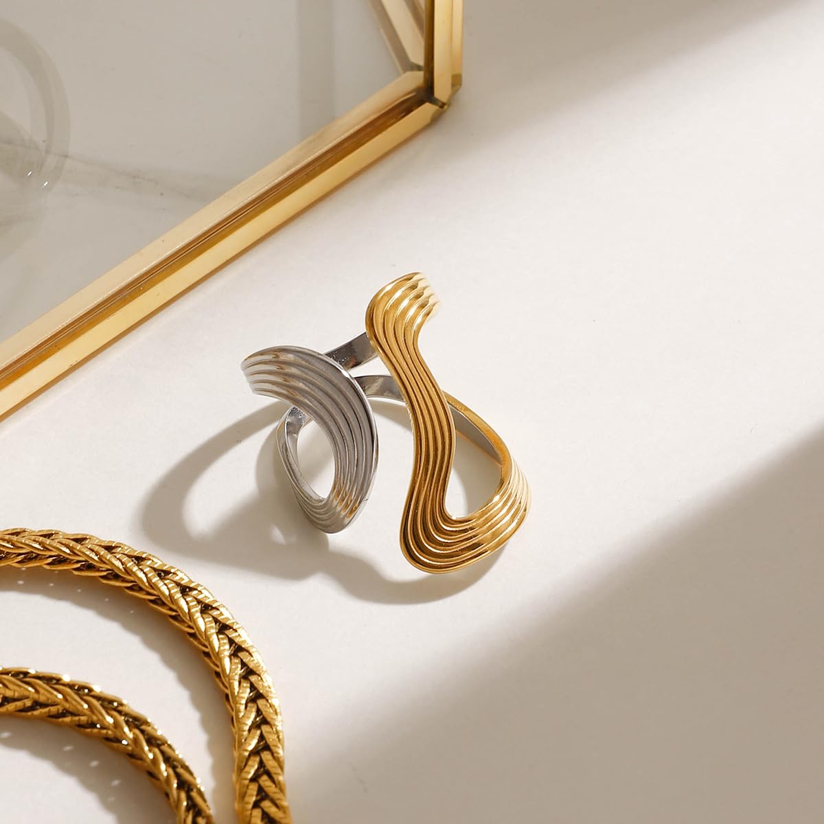 AIETUE Chunky Rings For Women, Gold Silver Thumb Ring Asymmetrical Wavy Curve Ring Adjustable Non Tarnish Dainty Stainless Steel New Year Anniversary Birthday Jewelry Gift (Trendy-G&S Mixed)