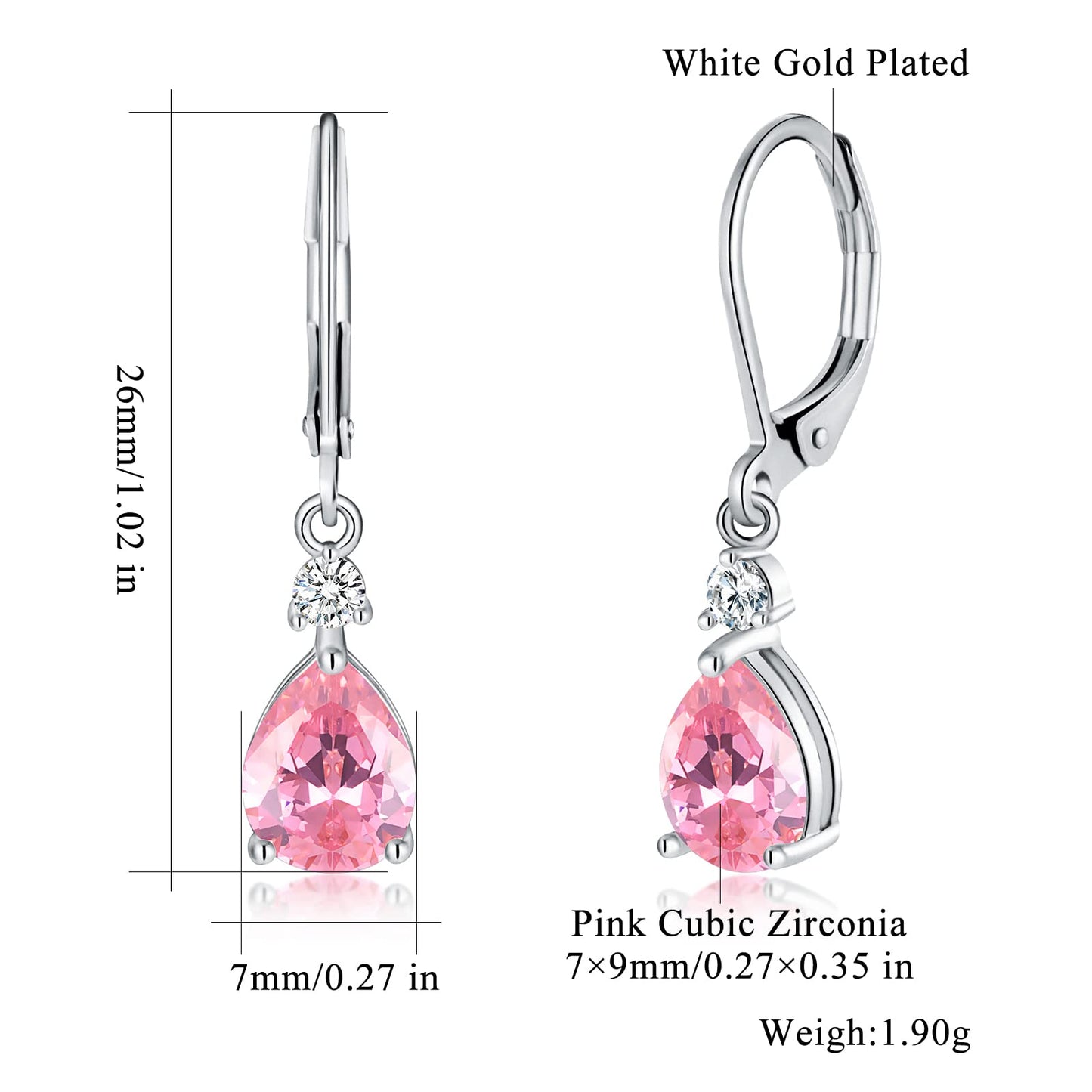 CiNily Leverback Dangle Earrings for Women 14K White Gold Plated Drop Earrings Pink Cubic Zircon Fashion Teardrop Hoop Earrings Hypoallergenic Jewelry for Sensitive Ear