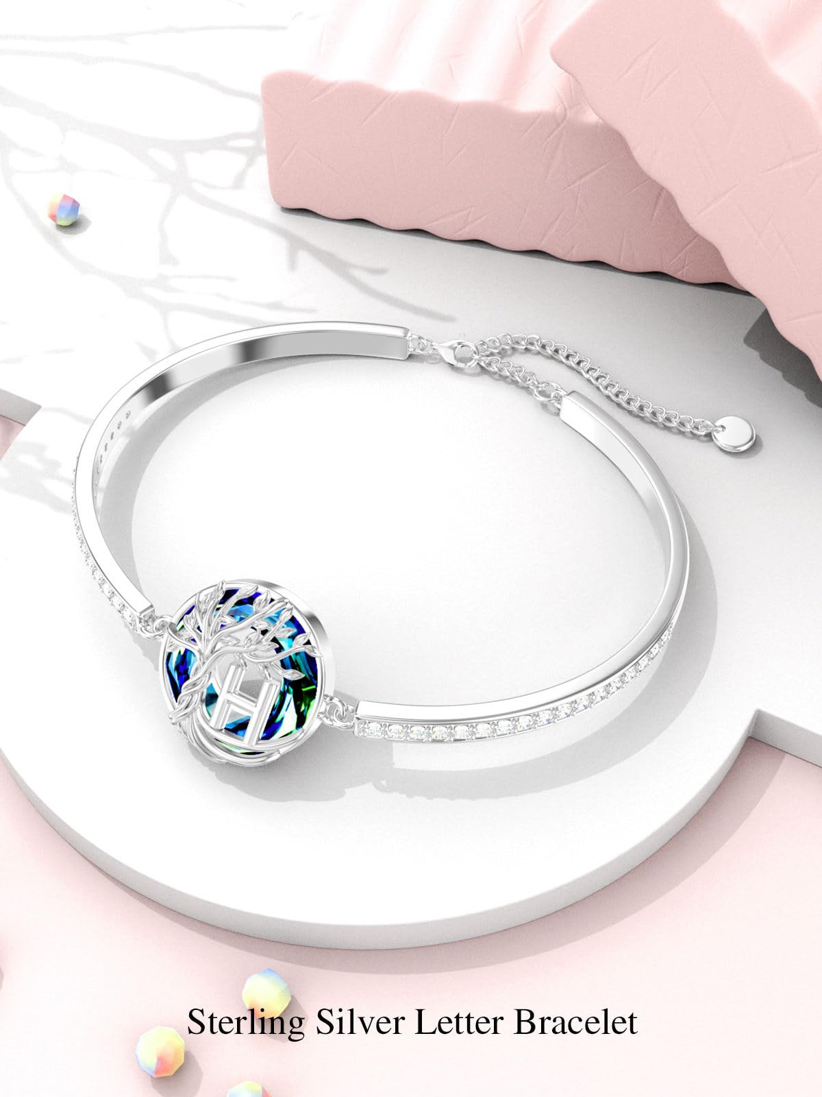 TOUPOP Tree of Life Bracelet Sterling Silver Initial H Letter Bangle Bracelet Family Tree Blue Crystal Jewelry Mothers Day Birthday Gifts for Women Mom Wife