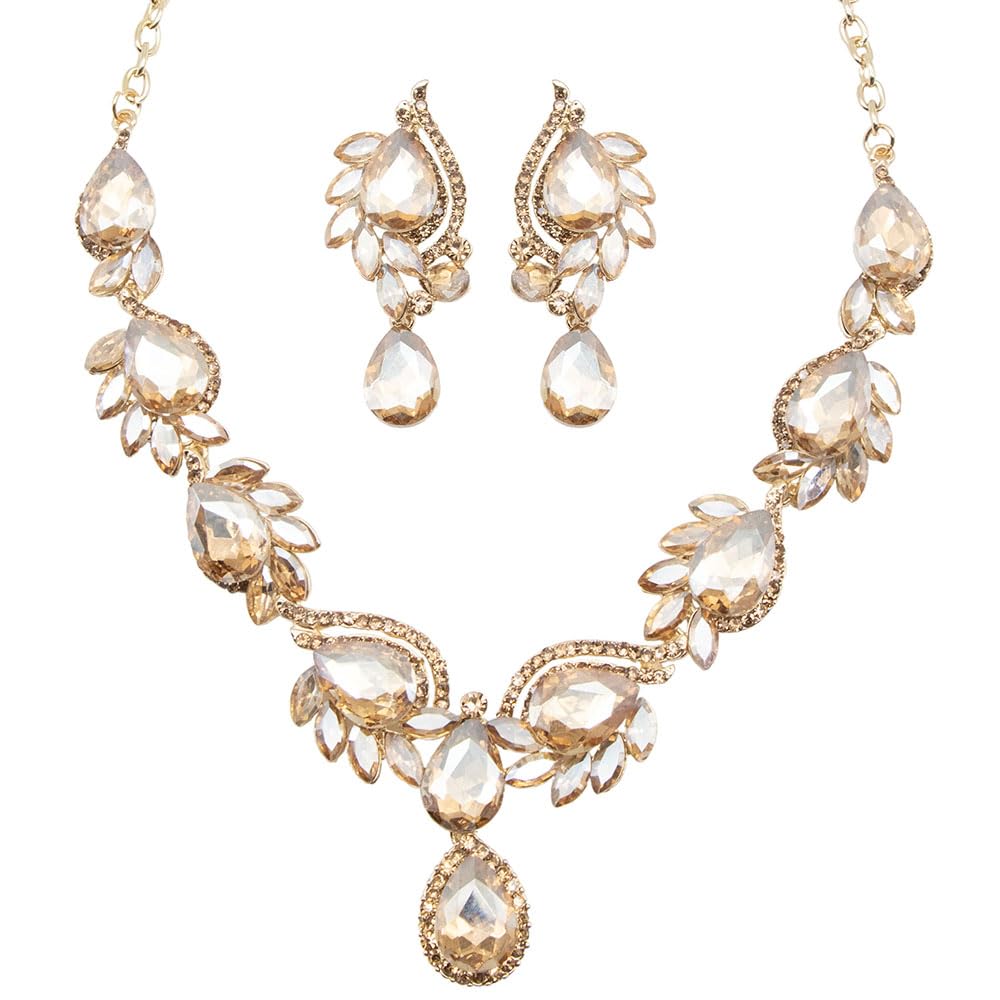 Qlavoca Elegant Crystal Jewelry Set for Women Teardrop Pandent Neccklace Rhinestone Satement Necklace and Dangle Earrings for Bridal Evening (Champagne)