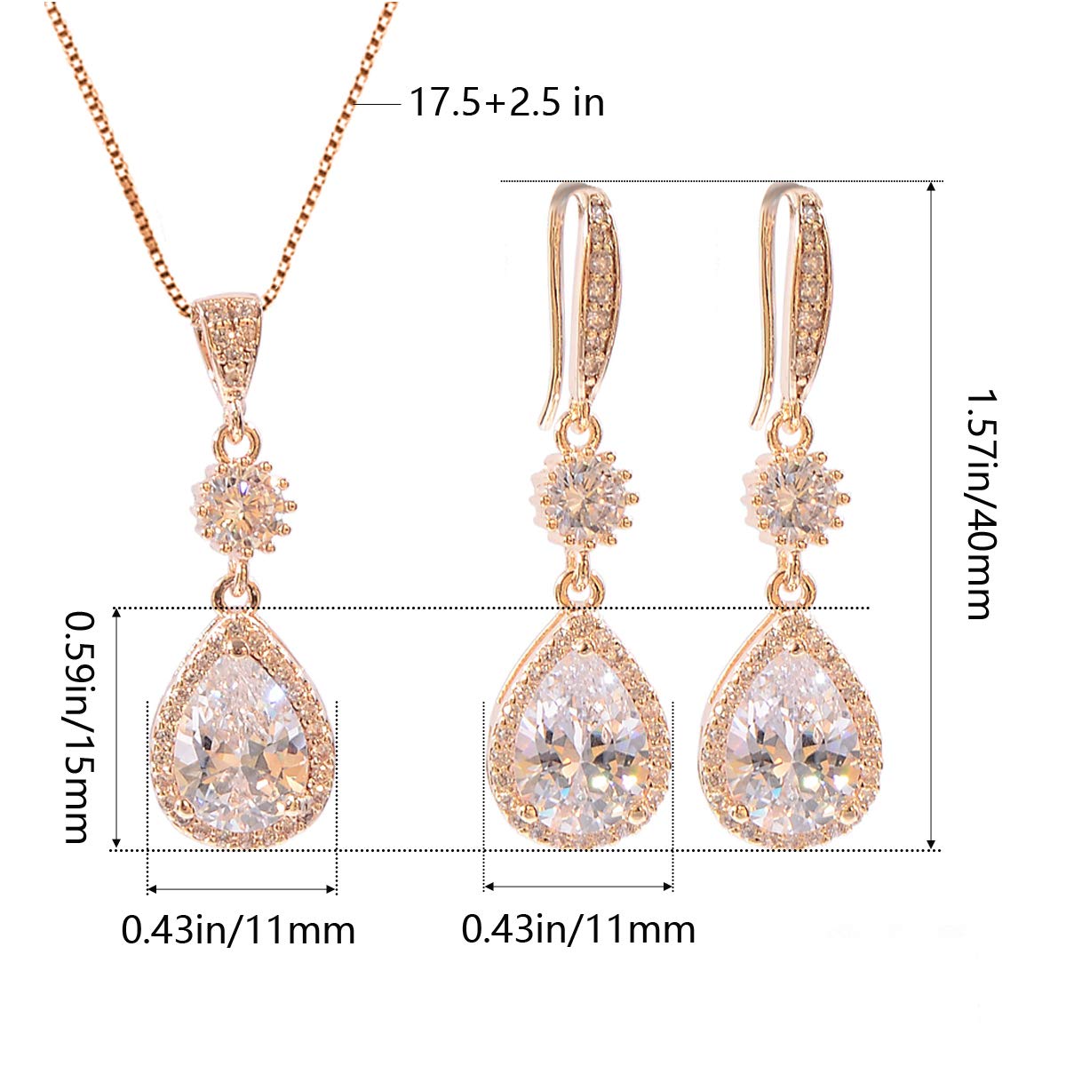 AMYJANE Bridal Jewelry Set for Wedding - 18k Gold Plated Sterling Silver Teardrop Cubic Zirconia Crystal Drop Earrings and Necklace Set for Bride Bridesmaids Mother of Bride Prom Party