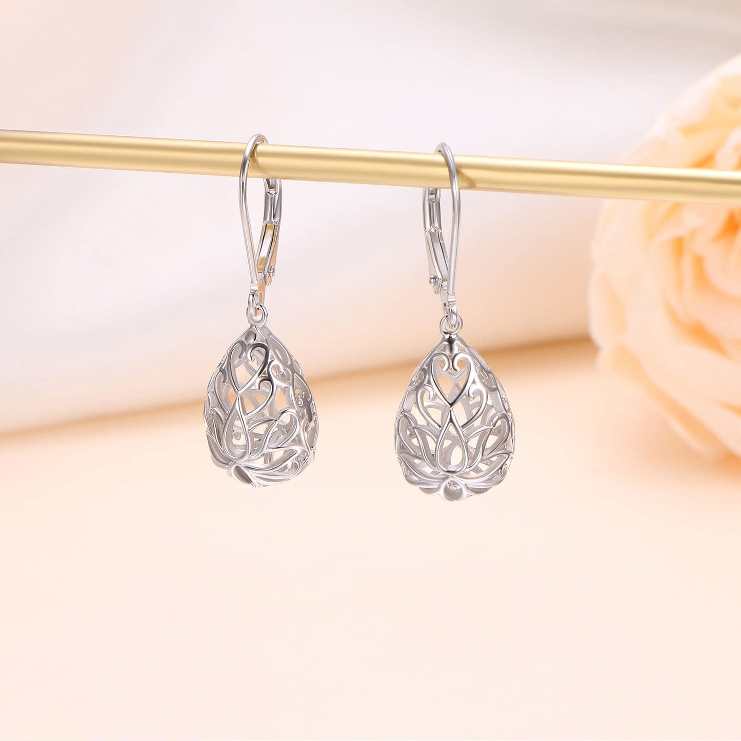 SHAOAN 925 Sterling Silver Filigree Dangle Drop Earrings Flower Lotus Leverback Teardrop Earrings for Women Mother’s Day