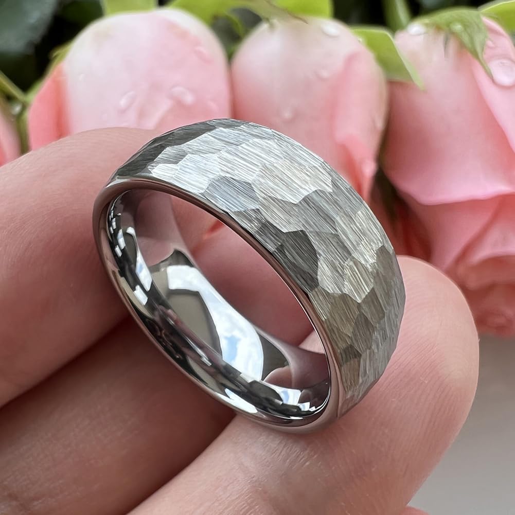TUTISS 8mm Hammered Tungsten Carbide Rings for Men Women Engagement Wedding Bands Domed I Love You Engraved Comfort Fit Size 8