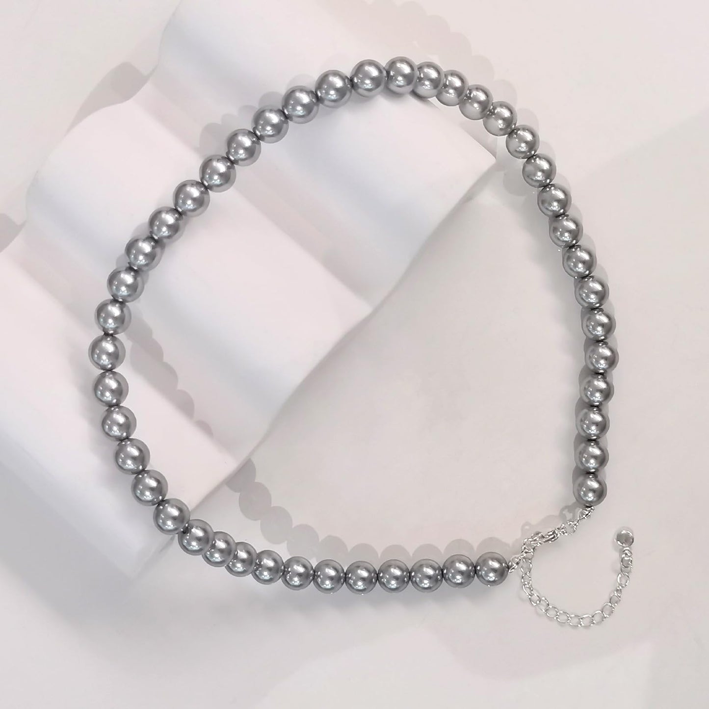 Zeffy Pearl Necklace 8MM Grey Dainty Round Imitation Pearl Handmade Beaded Choker Necklace Wedding Pearl Necklace Delicate Jewelry for Women Simple Bridesmaid Jewelry Gifts