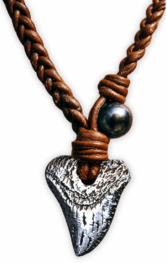 WanderTribes Shark Tooth Silver Plated Necklace Pendant Authentic Leather Cord, Adjustable Premium Pearl Pendant, Handmade Silver Jewelry, Designed Necklace for Men & Women, Jewelry Gifts