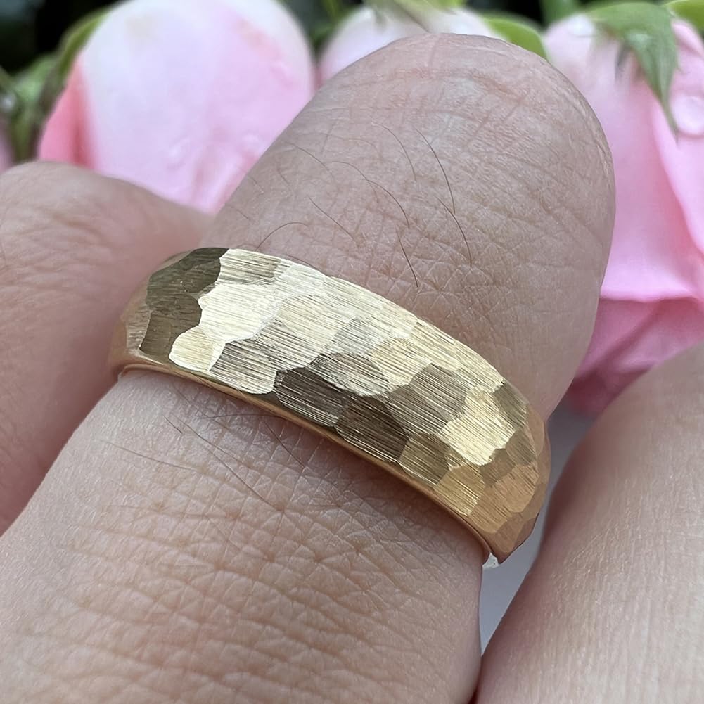 TUTISS 6mm Gold Hammered Tungsten Rings for Men Women Engagement Wedding Bands Domed Matte Finish Comfort Fit Size 5